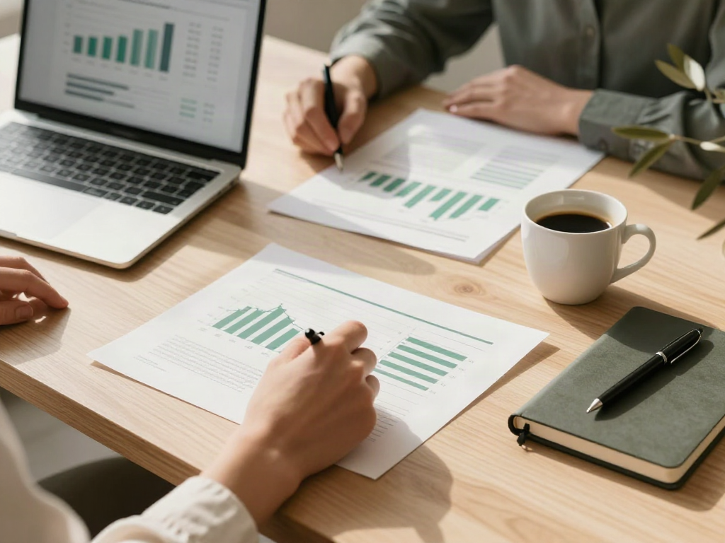 A collaborative review of business charts and analytics at a sunlit worktable