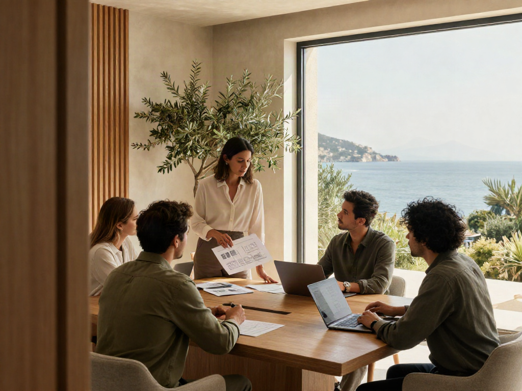 Consultants sharing perspectives during a strategy review in a sunlit coastal office